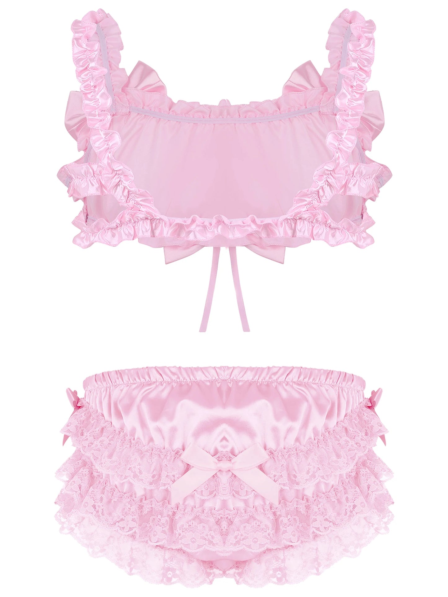 Men's Sissy 2 Pieces Lingerie Set Satin Frilly Ruffled Lace Crop Top Bra Tops with Floral Lace Bowknot Briefs Panties Nightwear