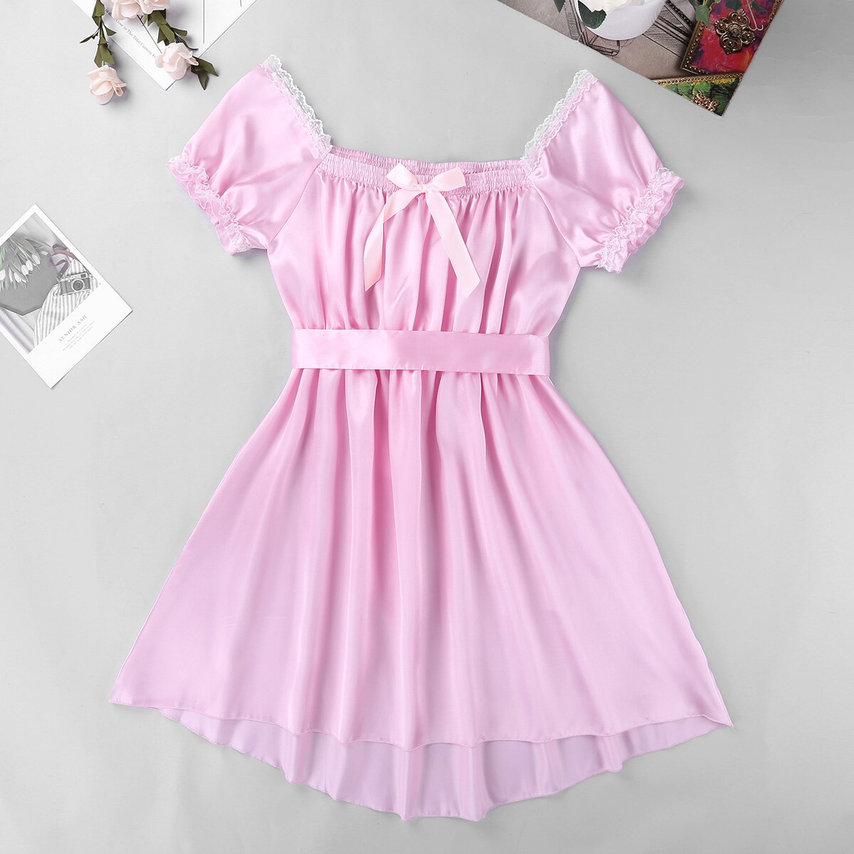 Mens Crossdress Lingerie Dresses Sissy Sexy Babydoll Babydoll Dress Square Neckline Satin High Low Dress Underwear Sleepwear