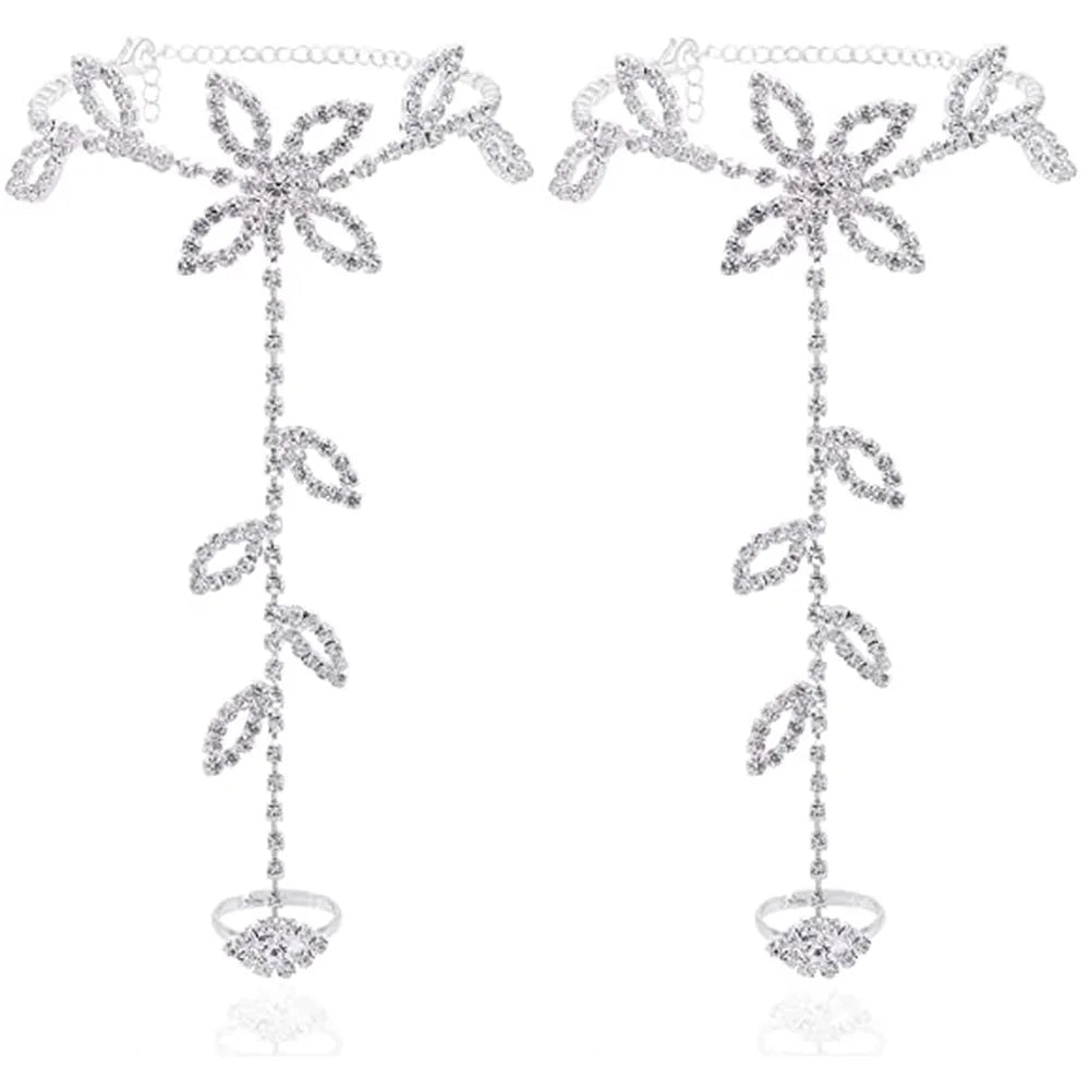 NEW Arrivals Summer 1Pcs Rhinestone Leaf Finger Anklet for Women Luxury Silver Color Leaf Hand Harness Bracelet Jewelry Gift Female Girls Summer Beach Footwear Casual Streetwear Fashion Apparel Accessories Supplies