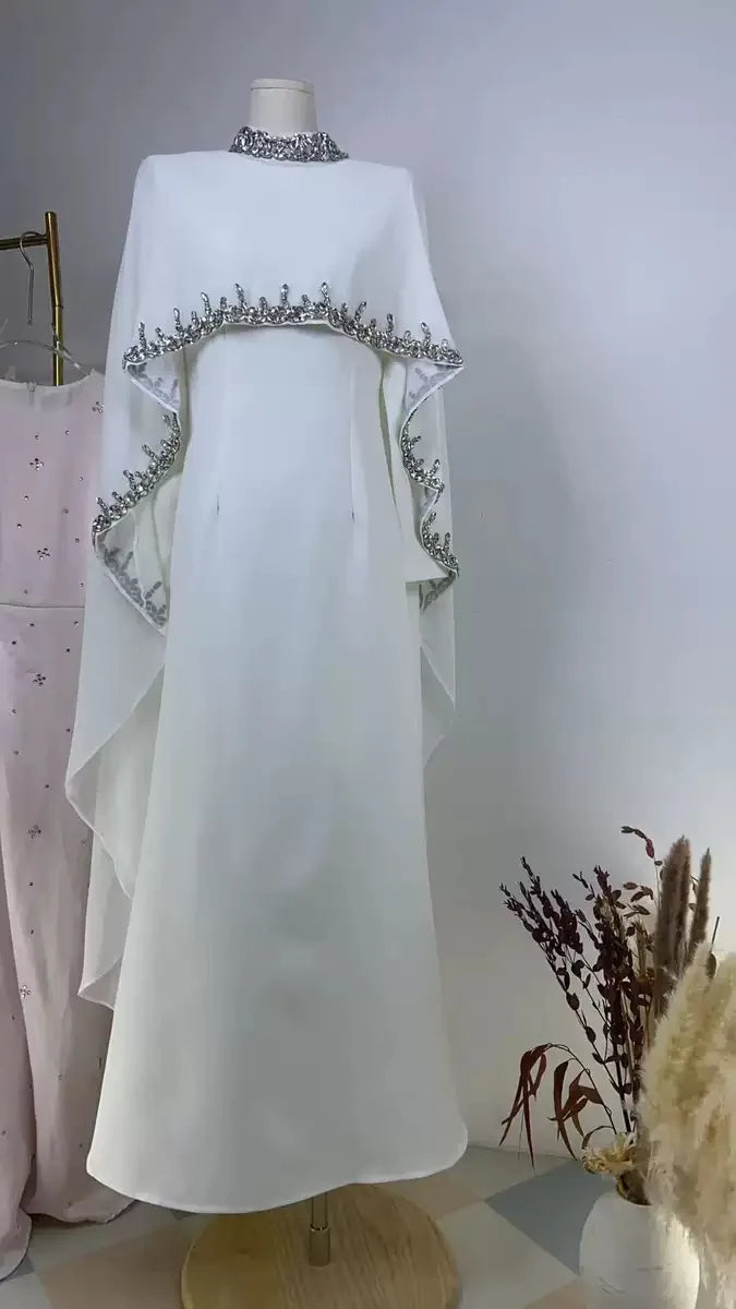 5 Colors Xs-2XL Plus Size Y20 Ramadan Eid Dubai Kaftan Islam Luxury Handmade Shiny Wedding Guest Party Dresses Rhinestone Neck Elegant Cape Muslim Women Winter Gowns