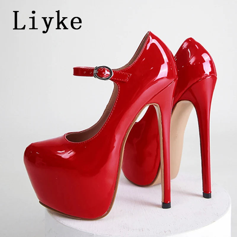 Spring Autumn Women Platform Pumps Black Round Toe Buckle Strap 17CM Super High Heels Pole Dance Shoes Stiletto Mujer