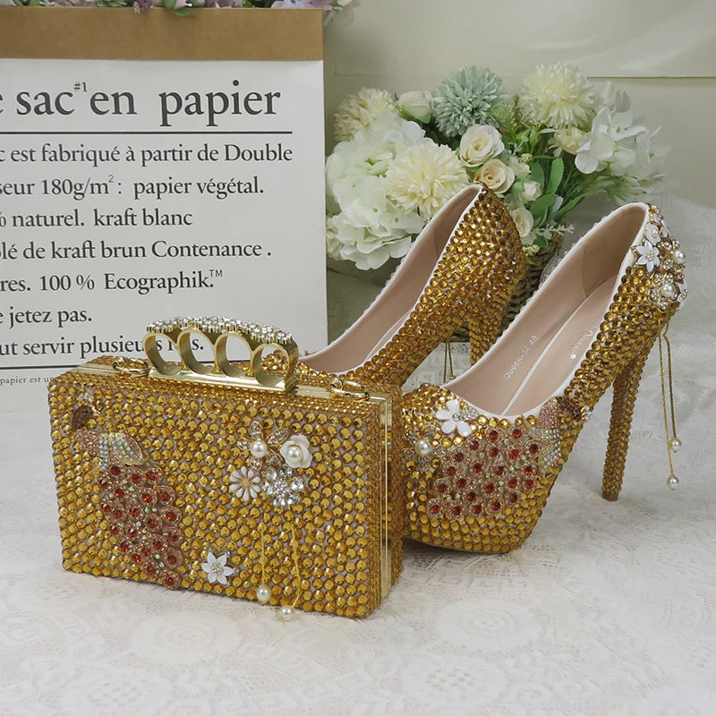 NEW Arrivals Golden Party Dress Shoe with Matching Bag Purse Crystal Wedding Shoes Bride Women's High Heel Platform Shoe High Pumps Purse Female Ladies Luxury Fashion Apparel Accessories Sets Clothing Products