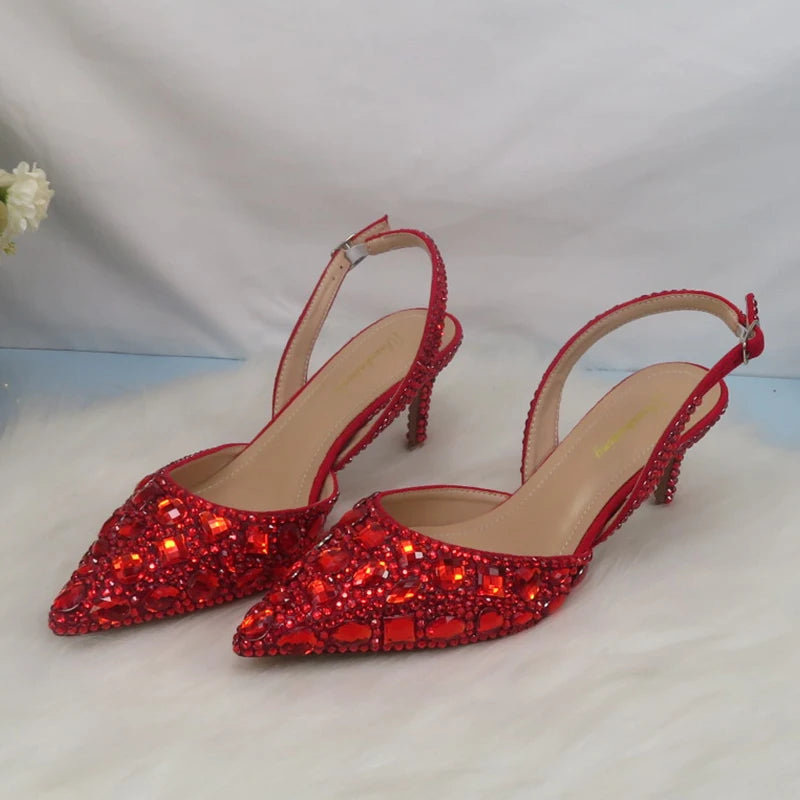 NEW Luxurious 10 Colors Summer Female Red Sandals Crystal Party Sandals Purse Set Wedding Shoes Bridal Woman Fashion Pointed Toe Thin Heel Sandals Girls Ladies Luxury Fashion Apparel Accessories Sets Clothing Supplies