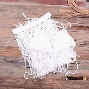 NEW Arrivals Sexy Hot Boho Women Sexy Handmade Crochet Bikini Set Knitted Handmade Beach Swimwear Halter Long Tassel Swimsuit Female Ladies Beach Wear