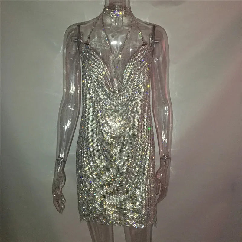 NEW Arrivals S-XL Black/Gold/Silver Color Hot Women's Rhinestone Mini Dress Sexy Hot Girl Dress Full Diamond Dress for Women Evening Party Night Clubwear Sexy Luxury Dress