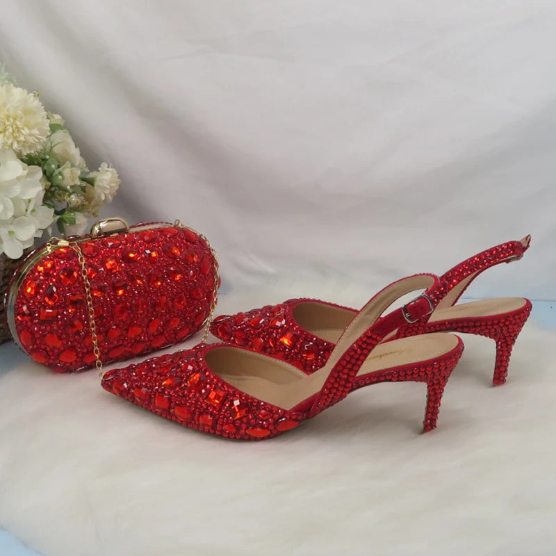 NEW Luxurious 10 Colors Summer Female Red Sandals Crystal Party Sandals Purse Set Wedding Shoes Bridal Woman Fashion Pointed Toe Thin Heel Sandals Girls Ladies Luxury Fashion Apparel Accessories Sets Clothing Supplies