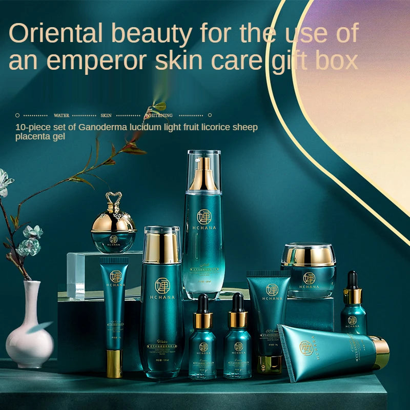 Korean Ganoderma Lucidum Skin Care Set 10PCS Face Toner Eye Essence Cream Sheep Placenta Anti-Aging Serum Facial Cleanser Kit For Women Korean Cosmetic Products