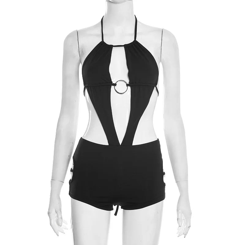 Hot Sexy New Summer Sexy Backless Jumpsuit for Women Halter Neck O-Ring Hollow Out Night Clubwear Evening Beach Party One Piece Playsuit Women Summer Spring Fashion Apparel Supplies