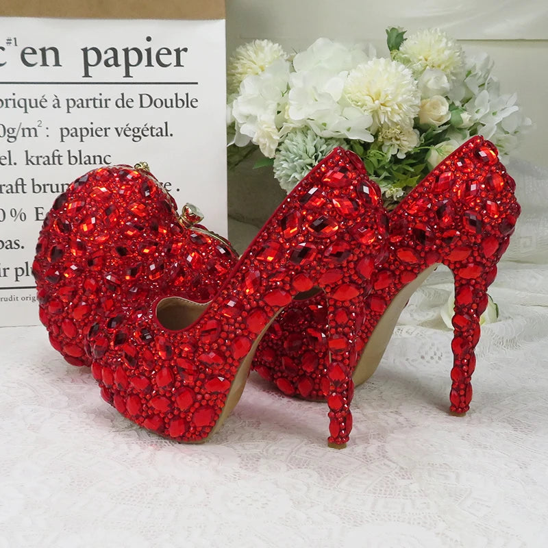 Luxury Handmade Red Rhinestone Women Wedding Shoes Set with Matching Bags Bride Woman Shoes and Purse Platform Night Formal Business Dinner Concerts Shoes Ladies Luxury Fashion Apparel Accessories Clothing Supplies
