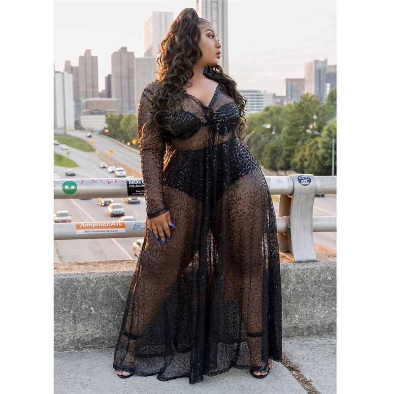 NEW Arrivals L-5XL Plus Size Spring Autumn Clothing Maxi Dresses for Chubby Women Long Sleeve Dress High Waist Transparent Sexy Mesh Evening Party Night Club Outfit