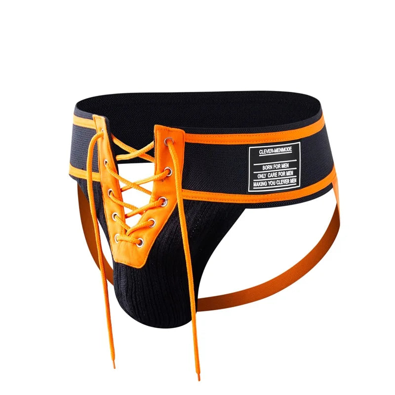Adult CLEVER-MENMODE Sexy Thong Men Jockstrap Underwear Lacing Penis Pouch Lingerie Open Front G String Lace Up Underpants Erotic