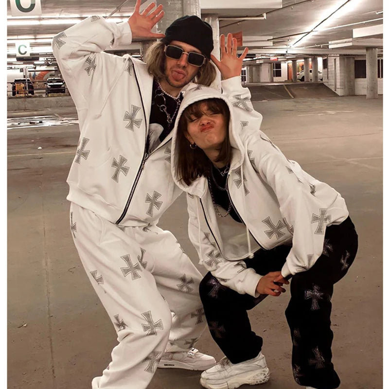 Rhinestone Gothic Suit Street Long Sleeve Black Zip Hoodie Lace-up Pants Y2k Hip Hop Jogging Sweatshirt Fashion Sports