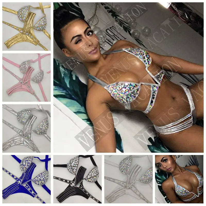 Sexy Diamond Big V Bikini Set Bling Stones Rhinestone Bathing Suit High Quality Swimsuit Brazilian Swim