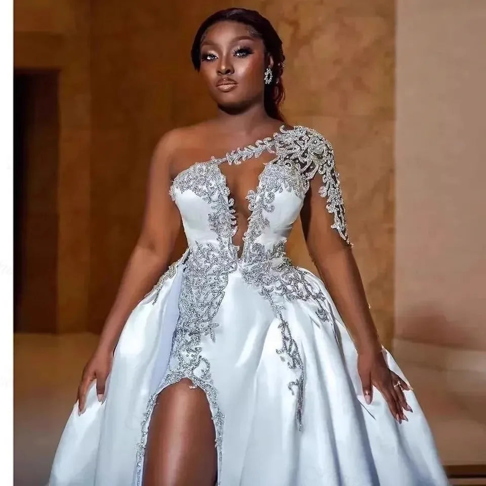 Boutique HOT SALE African Appliques One Shoulder Luxury Wedding Dresses a Line Sexy Side Slit Bride Gowns Elegant Formal Woman's Wedding Dress Customized Bridal Gowns Women Luxury Apparel Supplies
