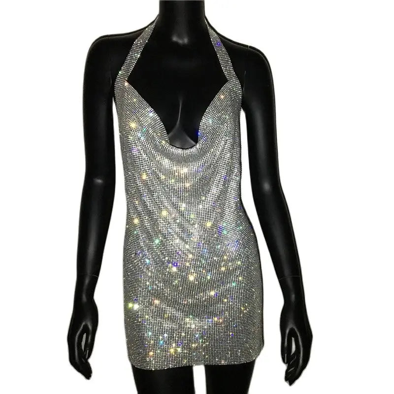 NEW Arrivals 7 Colors Luxury Crystal Rhinestone Sequins Mini Dress NEW Women Halter Backless Slit Metal Mesh Cocktail Evening Party Summer Beach Bar Night Clubwear Dresses