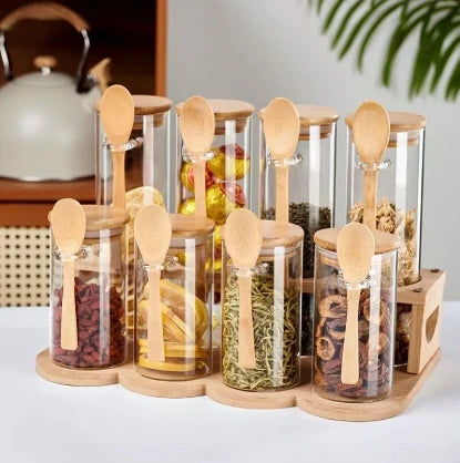 4-8 PCS + Bamboo Spoons Set Wide Mouth Glass Airtight Lid Spice Coffee Containers Glass Tea Canister Set Food Storage Home Cooking Tools Sets Kitchenware Supplies