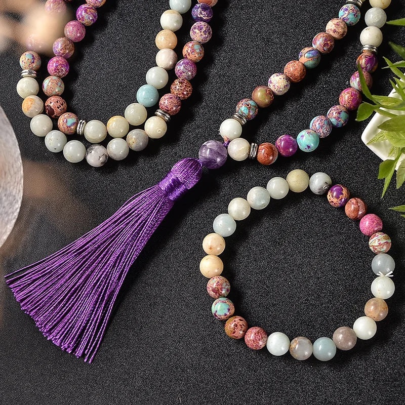 NEW Arrivals 2PCS Tibetan Traditional Set 108 Natural 8mm Emperor Jasper Amazonite Stone Beaded Mala Necklace Meditation Yoga Blessing Healing Jewelry Bracelet Rosary Set