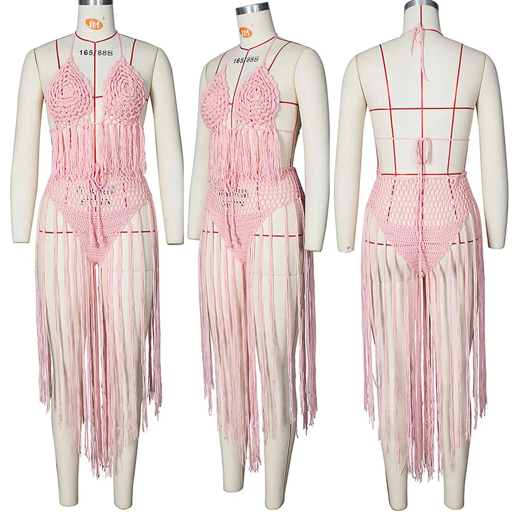 NEW 2PCS Set 5 Colors Sexy Knitted Swimwear Women Backless Crop Top and Tassel Long Skirts Sets Summer Beach Vacation Party Club Outfits
