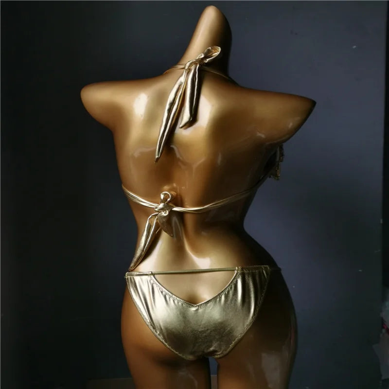 New Tassels Bikini Set Diamond Bling Stones Swimwear Sexy Women Rhinestone Bathing Suit Latest Beachwear