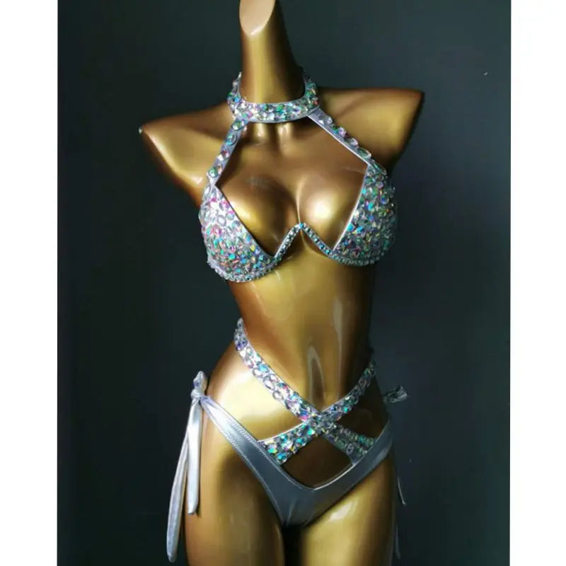 Black/Pink/Golden/Silver Color Luxury Diamond Rhinestones Bikini Set Sexy Women's Swimwear Swimsuit Beachwear Bathing Suit Bling Crystal Stones Summer Beach Ladies Outfits