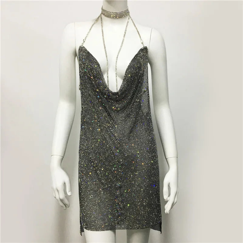 NEW Arrivals S-XL Black/Gold/Silver Color Hot Women's Rhinestone Mini Dress Sexy Hot Girl Dress Full Diamond Dress for Women Evening Party Night Clubwear Sexy Luxury Dress