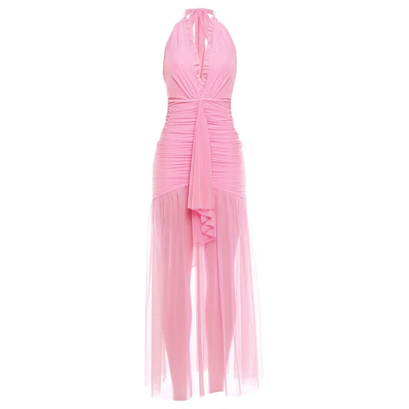 Women's Cashmere Silk Luxury Elegant Diamond Cashmere Mesh Splicing Halter Neck Evening Summer Beach Party Nigh Clubwear Wedding Guest Sexy Maxi Long Slit Dress Ladies Formal Apparel Supplies