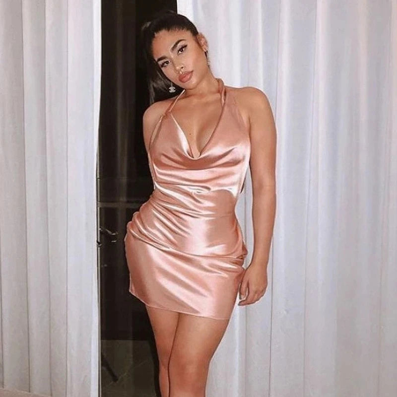 NEW Arrivals White/Black/Pink Color EU and USA Collar Solid Color Slim Spring Sexy Mini Dress Hotel Party Sexy Sling Halter Deep Sleeveless Strapless Ladies Summer Evening Beach Cocktail Party Outfit