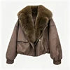 NEW Arrivals 4 Colors S-2XL Women's Autumn Winter Warm Brown Artificial Suede Biker Jacket Oversized Faux Fur Collar Asymmetric Zip Cropped Coat Women's Faux Fur Coats Winter Outerwear Coats