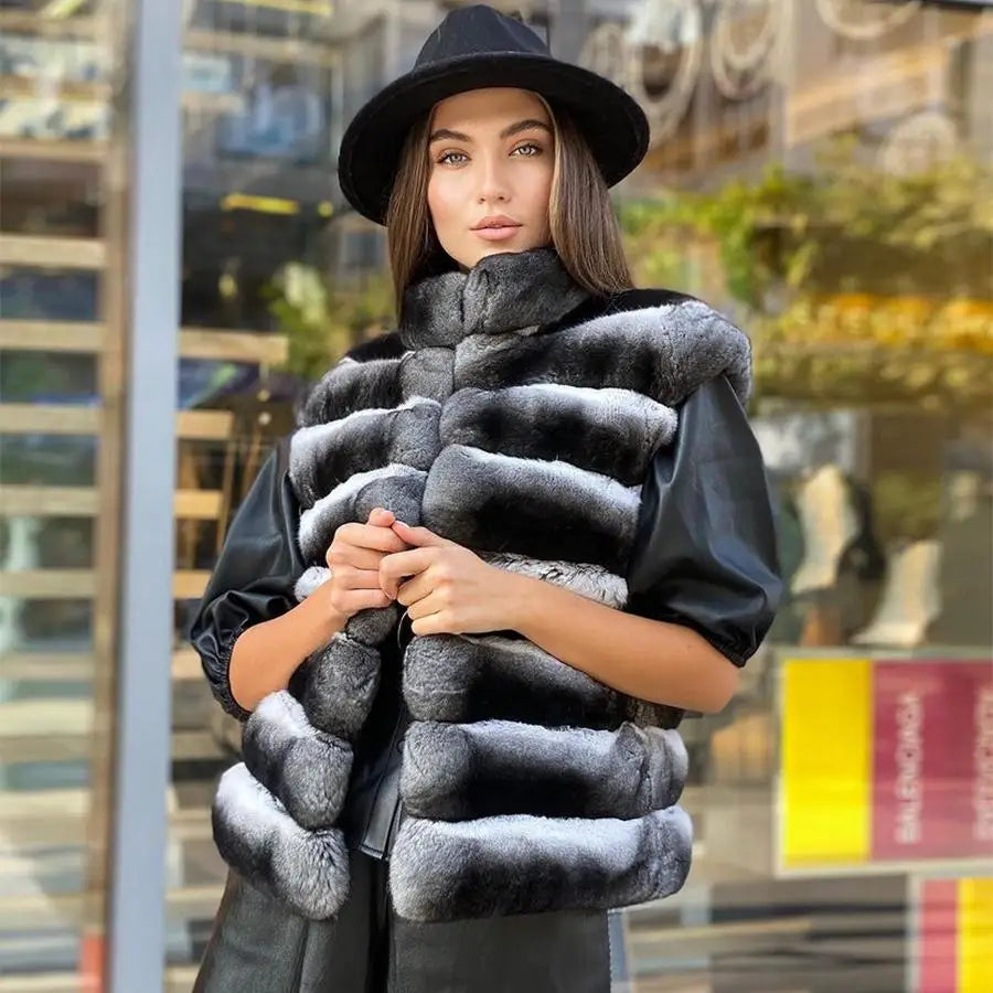S-3XL 5 Colors Luxury Winter Warm Outerwear Fur Jacket Women Girls Real Natural Rex Rabbit Fur Coat Chinchilla Colored High Collar Jacket Female Ladies Winter Luxury Fashion Clothing Products