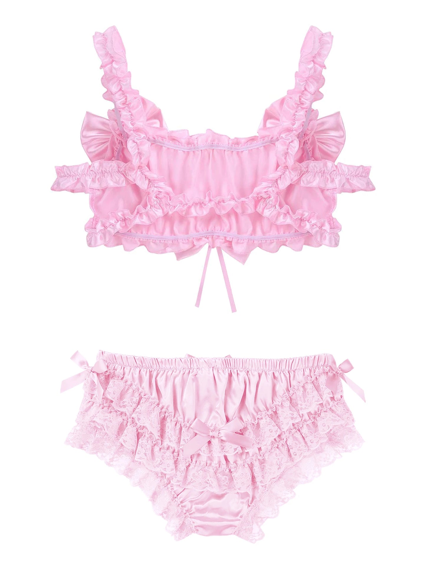 Men's Sissy 2 Pieces Lingerie Set Satin Frilly Ruffled Lace Crop Top Bra Tops with Floral Lace Bowknot Briefs Panties Nightwear
