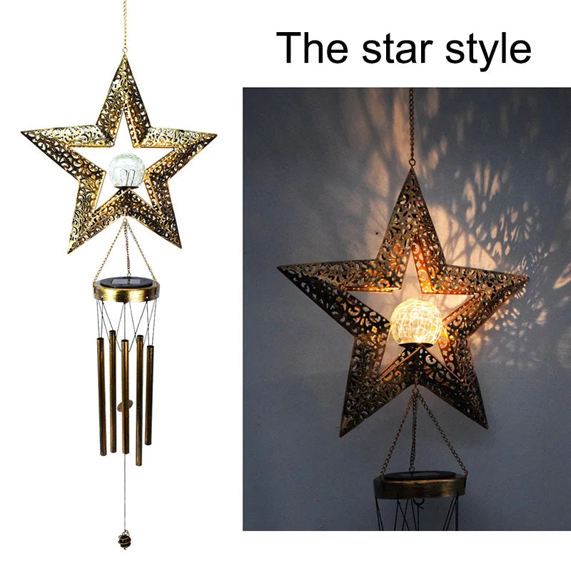 Wind Chimes Solar Lights LED Bulbs Lithium Battery Outdoor Waterproof Hanging Aeolian bells Solar Lamp With Moon Star Sun Shape For Party Garden Festival