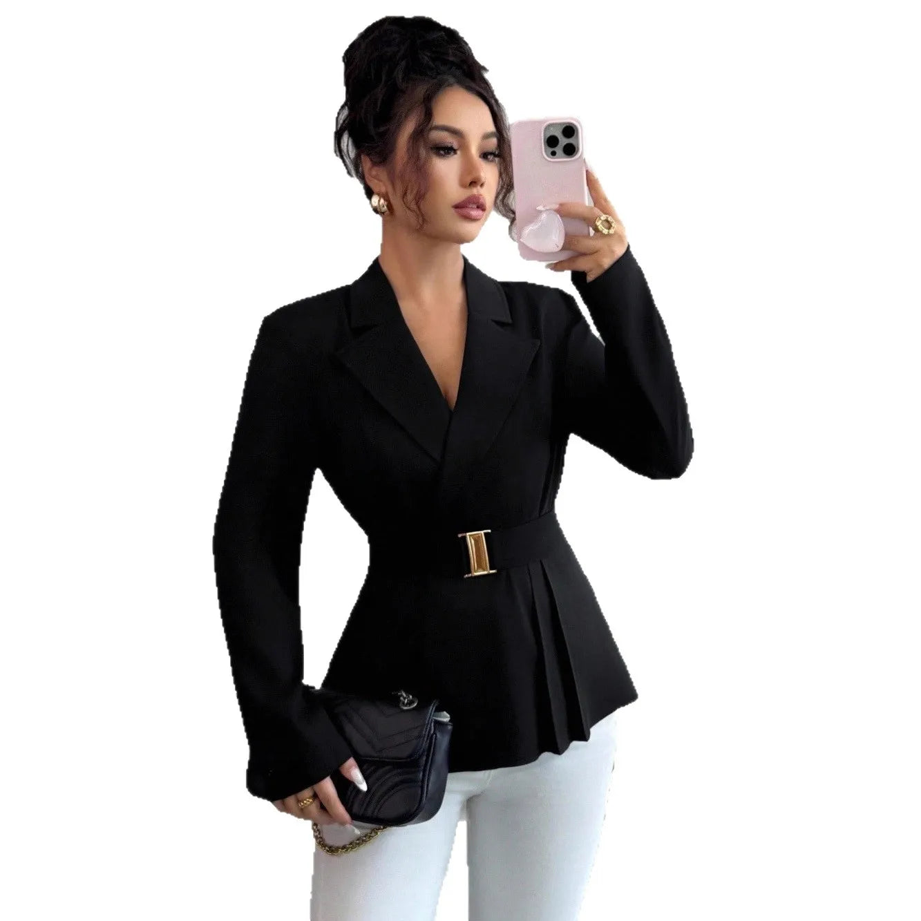 New Italian Fashion Autumn Spring Women's Elegant Business-Casual Solid Anti-Wrinkle Hand Embroidery Long-Sleeve Black Coat for Cross-Border Clothes Blazer Jackets Ladies Luxury Apparel Accessories
