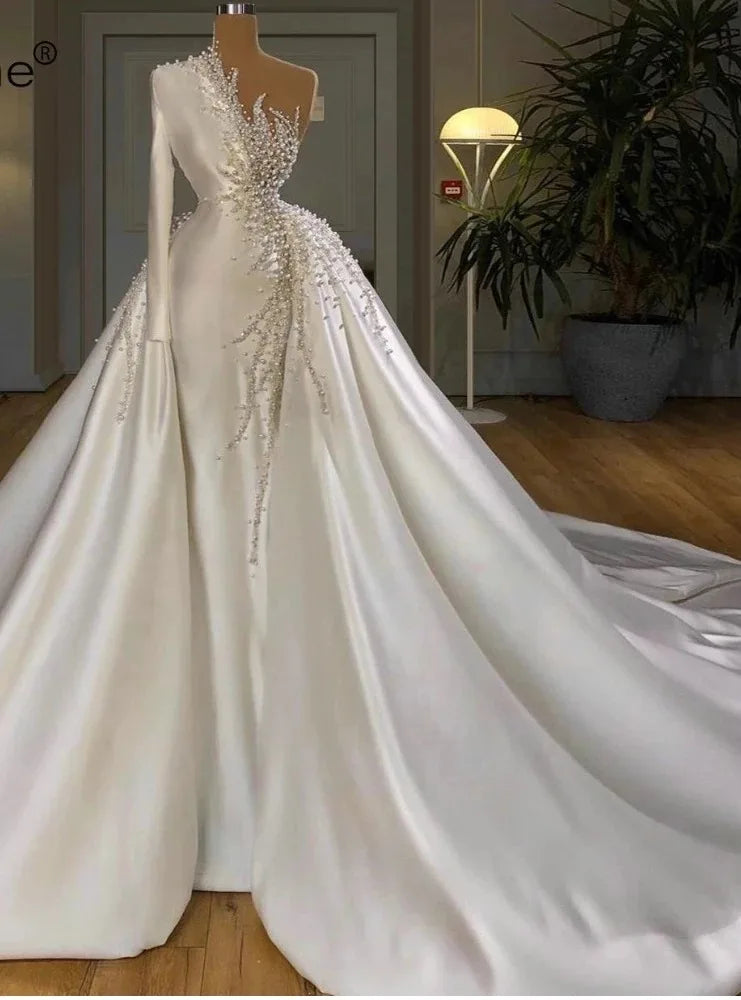 Boutique Gala HOT SALE TOP Luxury Women's Beaded Lace Fabric Pearl White Bridal Wedding Dress Ball Gown Elegant Luxurious Rhinestones Crystal Ruffles for Wedding Boho Evening Wedding Prom Party Ladies Luxury Apparel Supplies