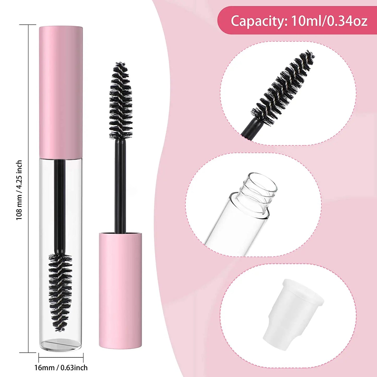 100pack Refillable Mascara Tubes with Rubber Inserts with Pink Cap for Cosmetic Packaging