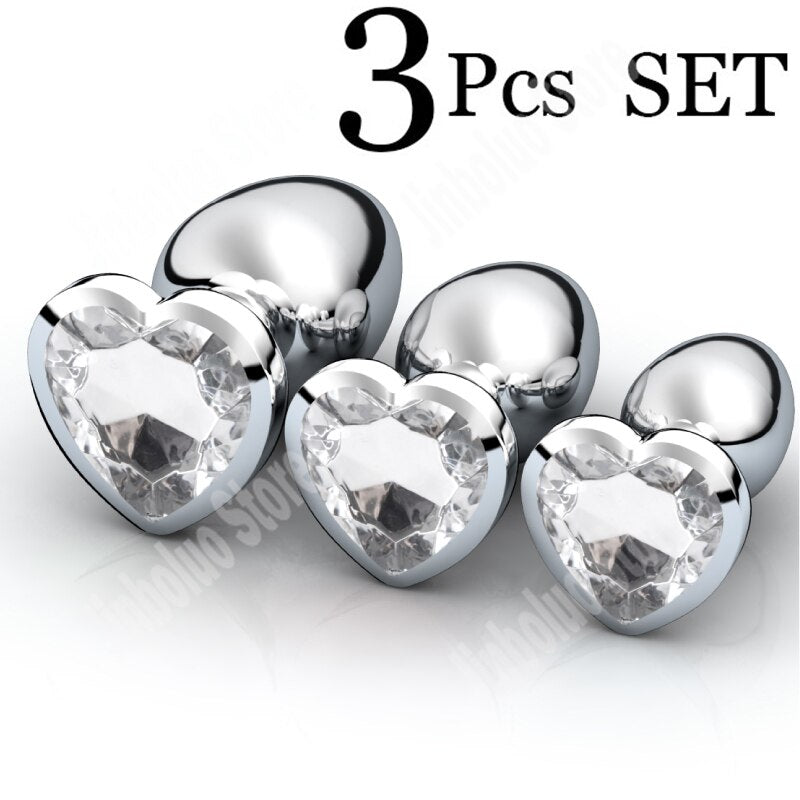 3Pcs/Set Smooth Massager Anal Beads Crystal Jewelry Heart Butt Plug StImulator Women Sex Toys Dildo Stainless Steel Anal Plug