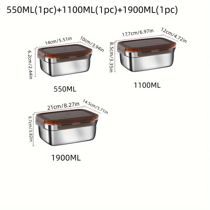 4 PCS Set 550/1100/190/3500ml Stainless Steel Food Storage Box With Transparent Lid Multipurpose Food Container Crisper Box for Fruit/Vegetable/Meat Storage Home Restaurants Cookware Supplies