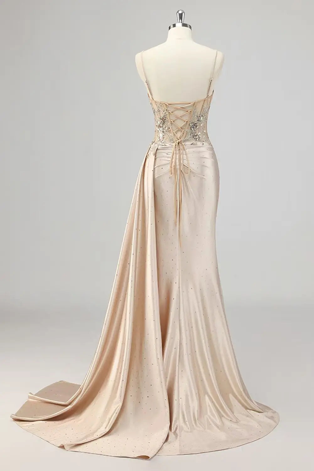 Mother of Bride Luxury Champagne Gold Mermaid Wedding Evening Prom Party Dress Sheer Boned 3D Sequin Embroidery Satin Evening Gown High Slit Lace-Up Back Wedding Guest Red Carpet Celebrities Mermaid Gowns