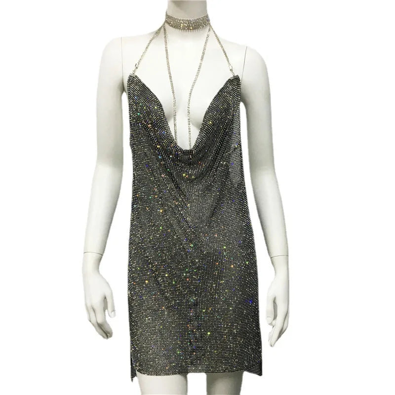 NEW Arrivals S-XL Black/Gold/Silver Color Hot Women's Rhinestone Mini Dress Sexy Hot Girl Dress Full Diamond Dress for Women Evening Party Night Clubwear Sexy Luxury Dress