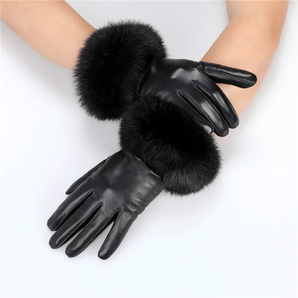 New Arrivals Women's Luxury Real Sheepskin Leather Gloves With Real Natural Rabbit Fur Cuffs Female Formal Evening Party Business Dinner Warm Gloves Fleece Lining Touch Screen Gloves Ladies Luxury Fashion Apparel Accessories