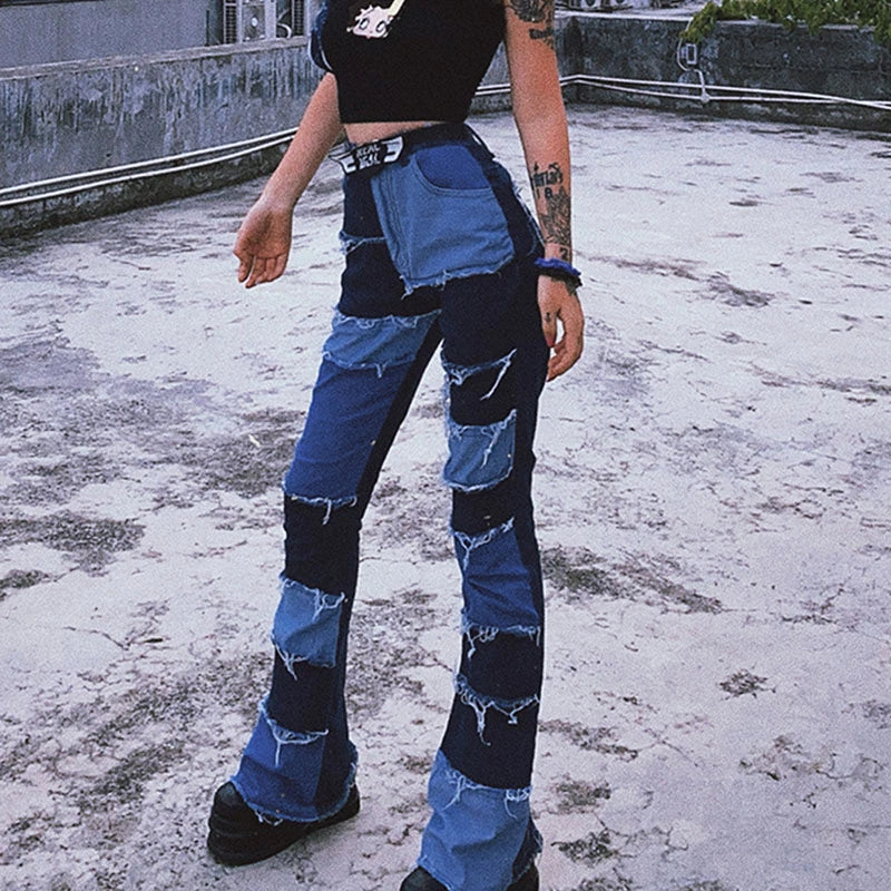 Flexible High Waist Jeans Women Casual Long Trouses Ladies Patchwork Fashion Denim Pants Capris Pocket Streetwear