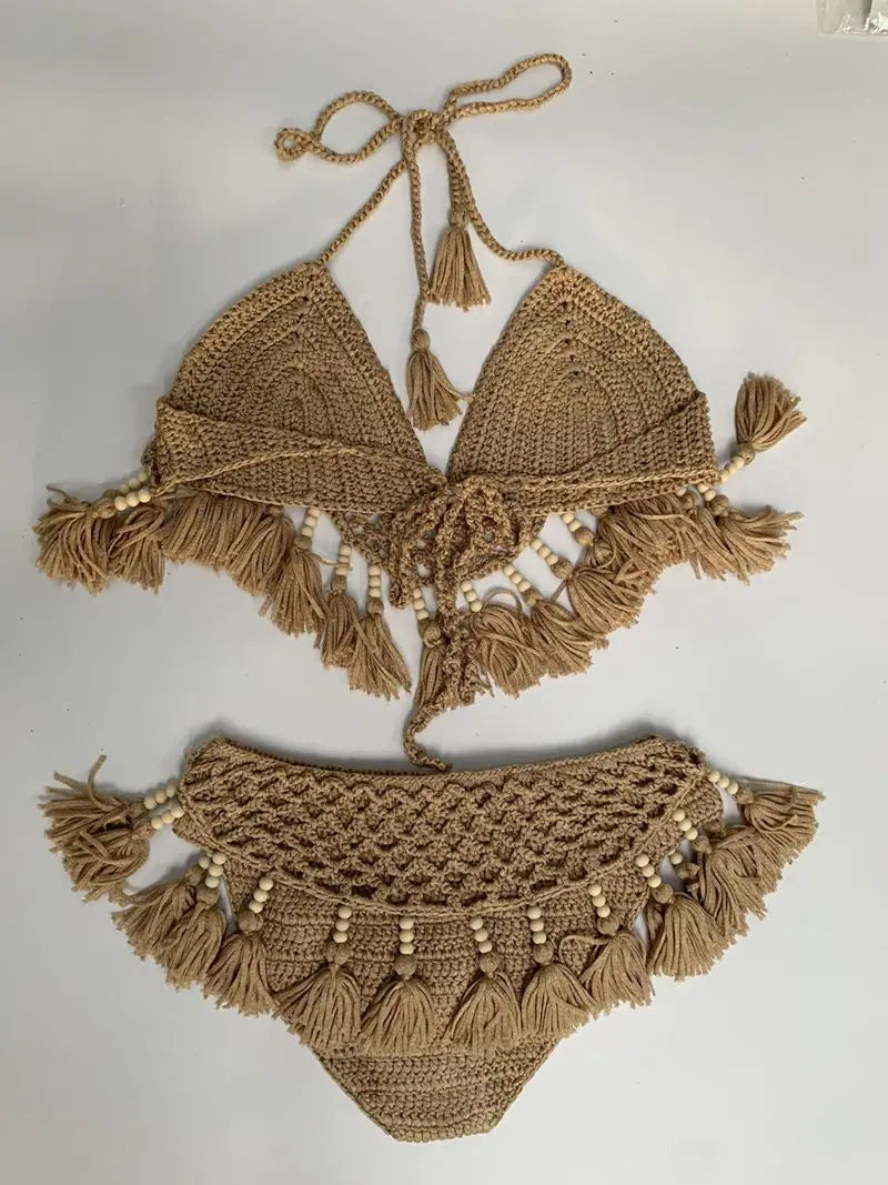 NEW Arrivals Sexy Black Crochet Bohemian Bikinis Set Women Handmade Beading Tassel Knitting Bathing Suit Swimsuit New Micro Swimwear Ladies Girls Summer Beachwear