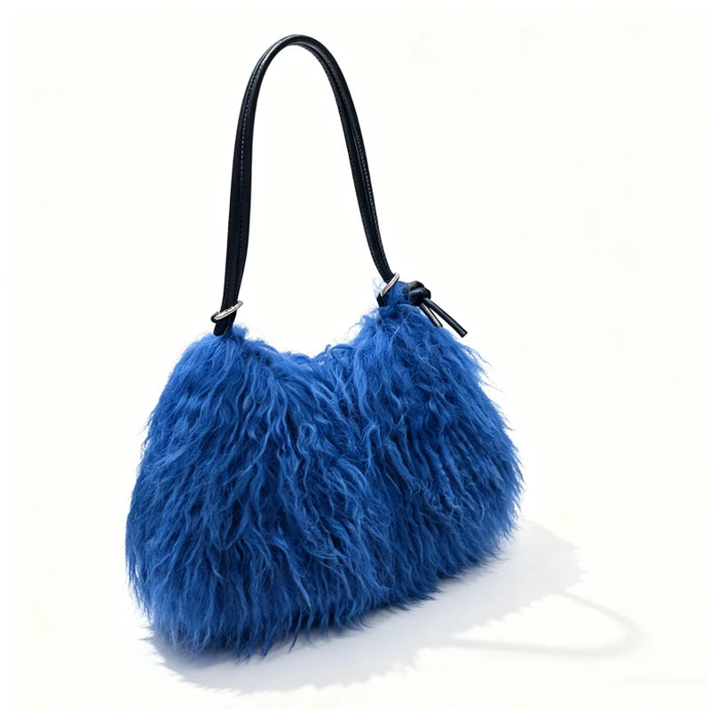 5 Colors Luxury Winter Ombre Faux Fur Leather Hobo Shoulder Tote Bag Women Single Strap Two-Tone Black Camel Fluffy Large Capacity Luxury Bags Ladies Apparel Accessories