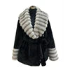 Black/Beige/Brown Color S-2XL Women's Premium Top Quality Artificial Fur Coat Contrast Striped Wide Lapels Waist-Cinching Slim Fit Adjustable Waistline Eco-Friendly Thick Outerwear Jackets Ladies Luxury Clothing Supplies