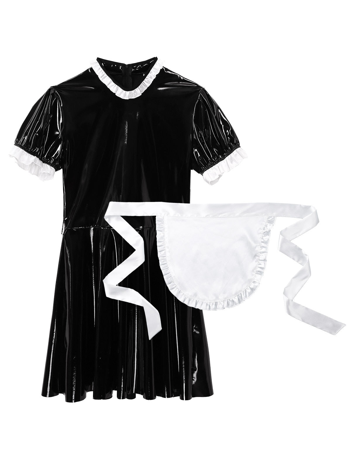 MSemis Men Male Sissy Maid Dress Cosplay Costume Clubwear Short Puff Sleeve Latex Maid Servant Uniform Flared Dress with Apron