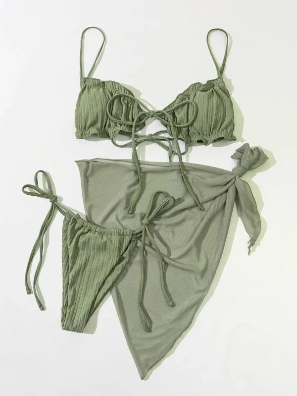 NEW 3PCS Set 4 Colors Sexy Bikini Set with Cover Up Beach Dress Solid Push Up Biquini Brazilian Swimwear Women Thong Bikinis Ladies Sexy Swimwear Suit
