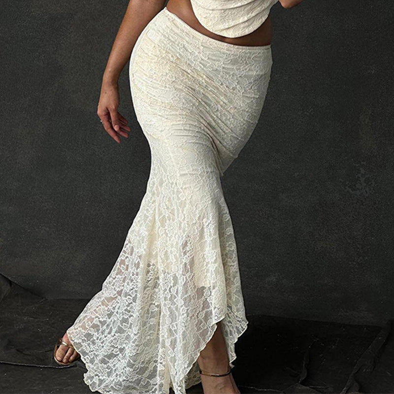 NEW Arrivals 2PCS Se Elegant Sexy Lace Women Irregular Long Skirt And Corset Top French Style Bodycon Dress Matching Sets Spring Summer Evening Party Night Club Ladies Suit