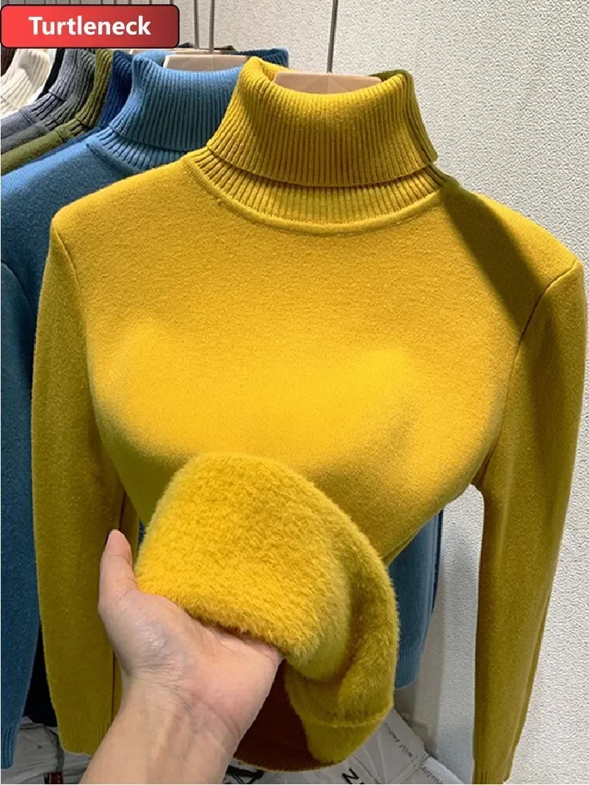 NEW Arrivals Sweater For Women Winter Thicken Turtleneck Slim Knit Pullover New Warm Plush Velvet Lined Knitwear Jumper Tops Casual Female Girls Luxury Fashion Clothing Supplies
