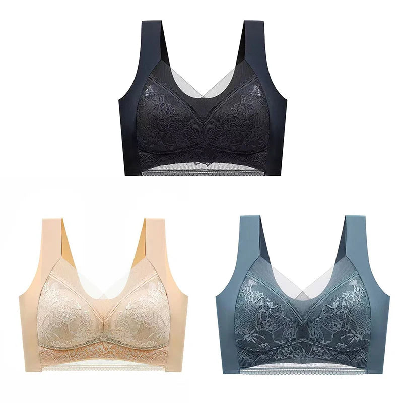 NEW Arrivals 3PCS Set L-(45-50KG) 5XL(100KG) Women Lace Bra Bralette Push Up Perspective Ice Silk Deep V Bra Sexy Lingerie Tops Plus Size Cup Mom's Underwear Chubby Ladies Underwear