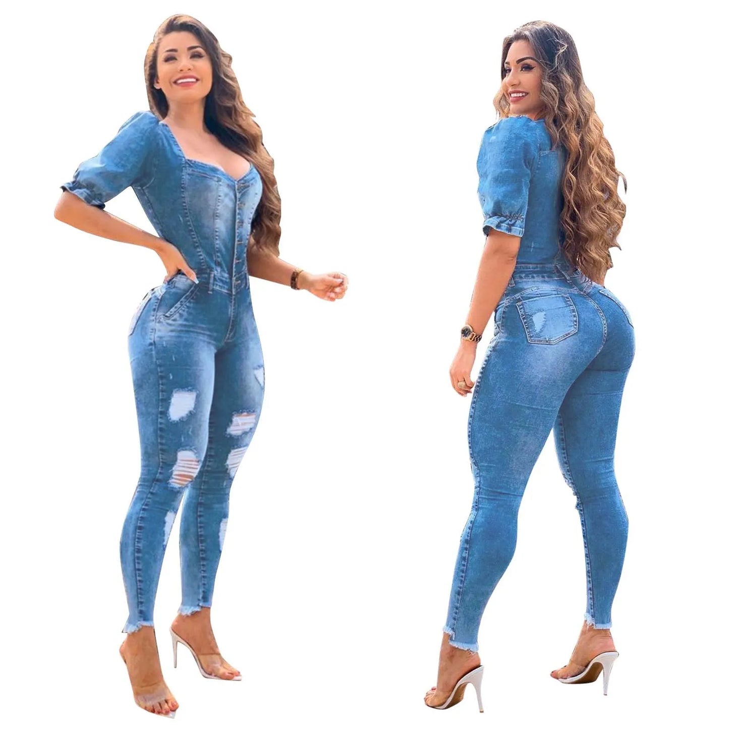 Sexy Denim Spray White Ripped Jumpsuit Women'S Jeans New Ruffle Puff Sleeves Skinny Tear Edge Denim Bodysuit For Summer