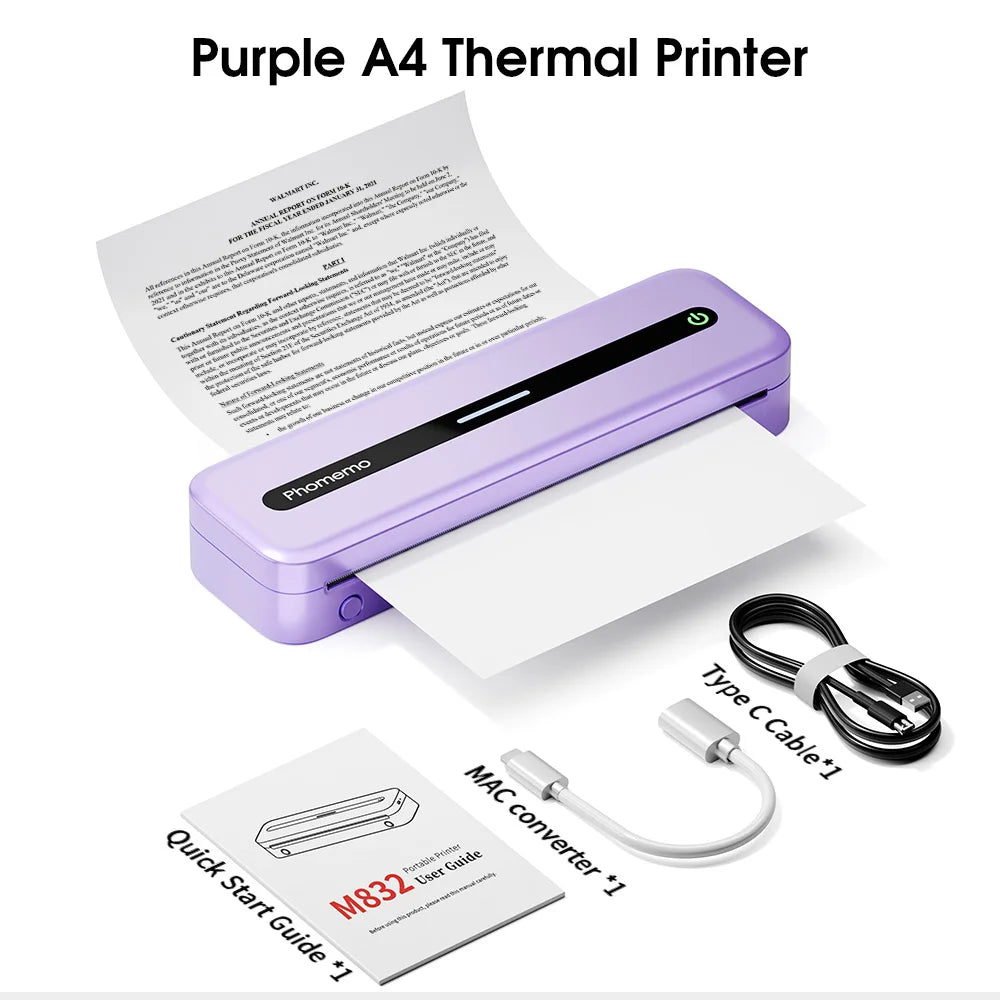 Original PHOMEMO Inkless Printer M832 Portable Printer Wireless Bluetooth Thermal Printer Support Letter A4 5-Size Thermal Paper Mobile Photos Document Office Business Printer